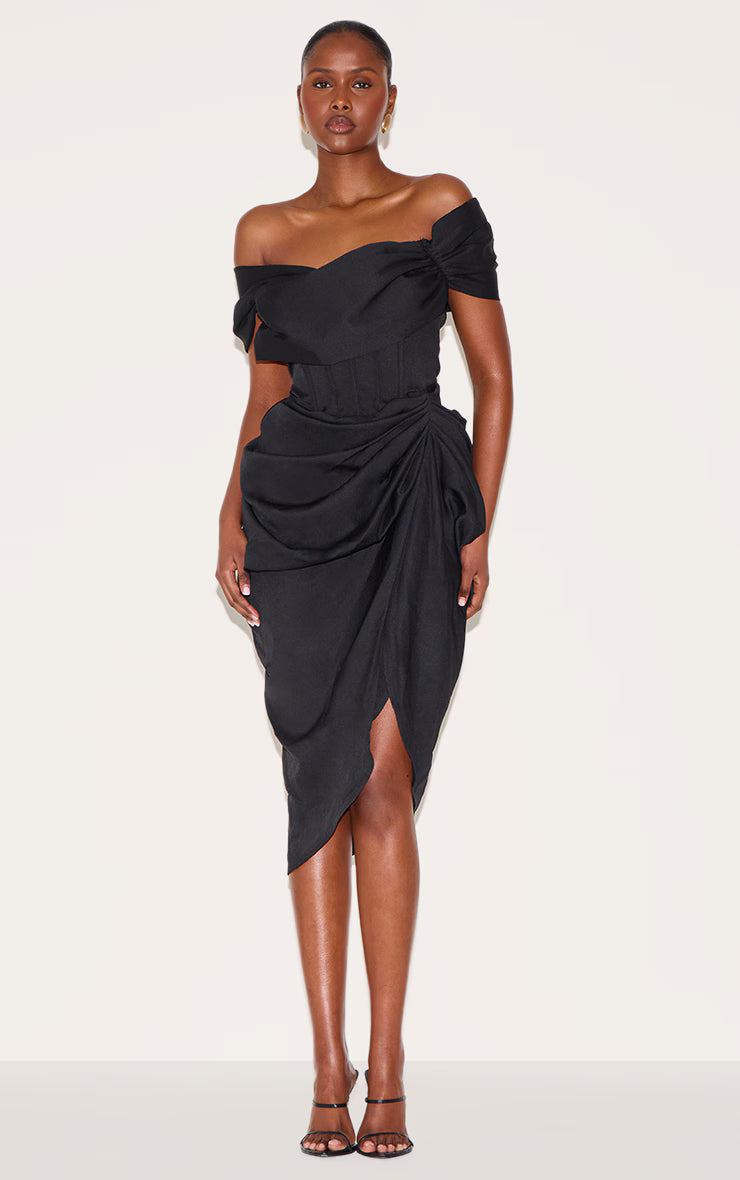 Black Corset Bardot Draped Midi Dress