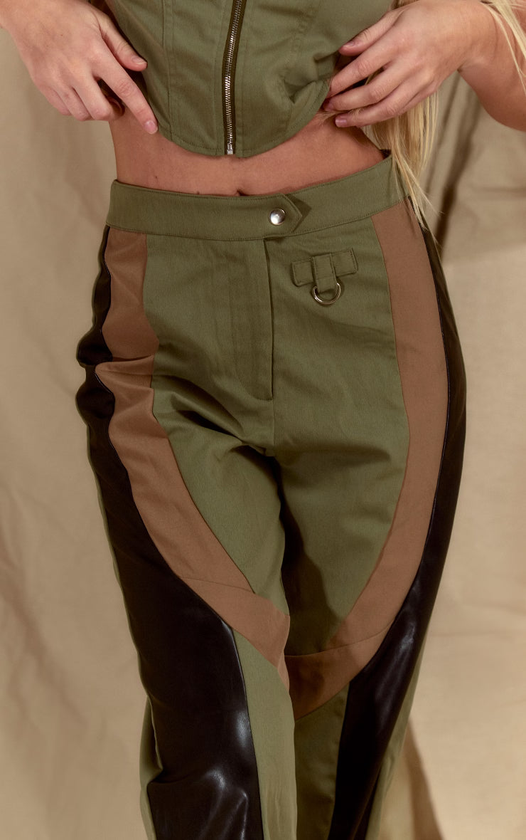 Khaki Twill Contrast Panel Straight Leg Pants