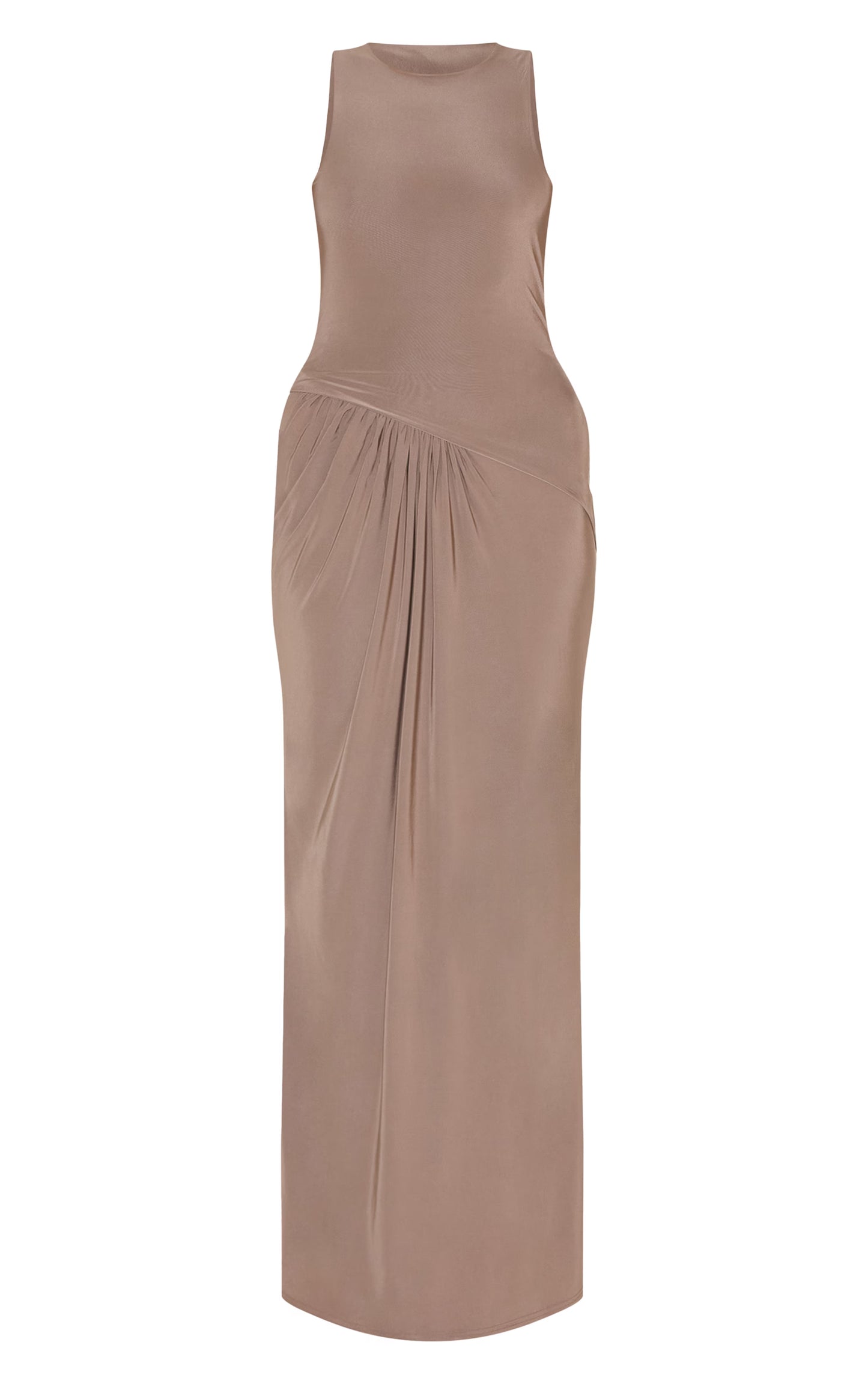 Mocha Double Layer Slinky Drop Waist Ruched Maxi Dress