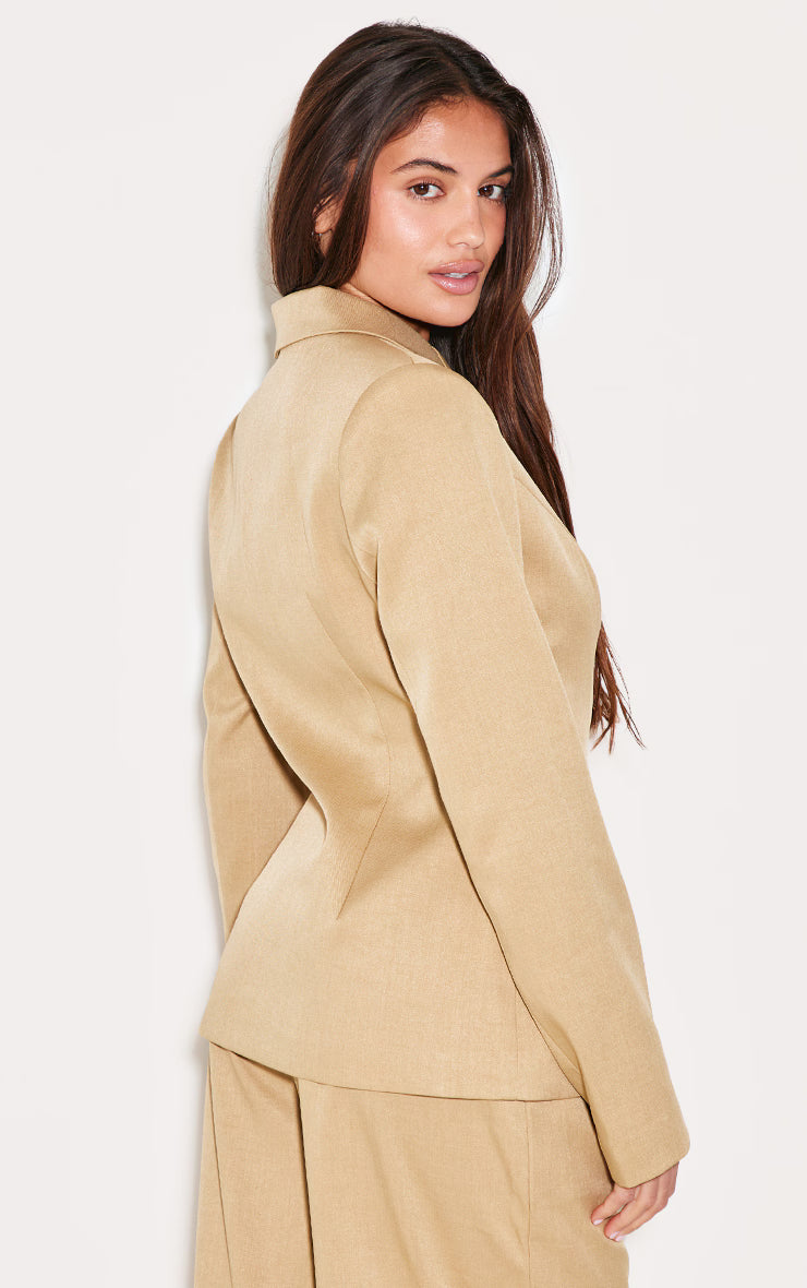 Sand Woven Tailored Cinched Waist Blazer
