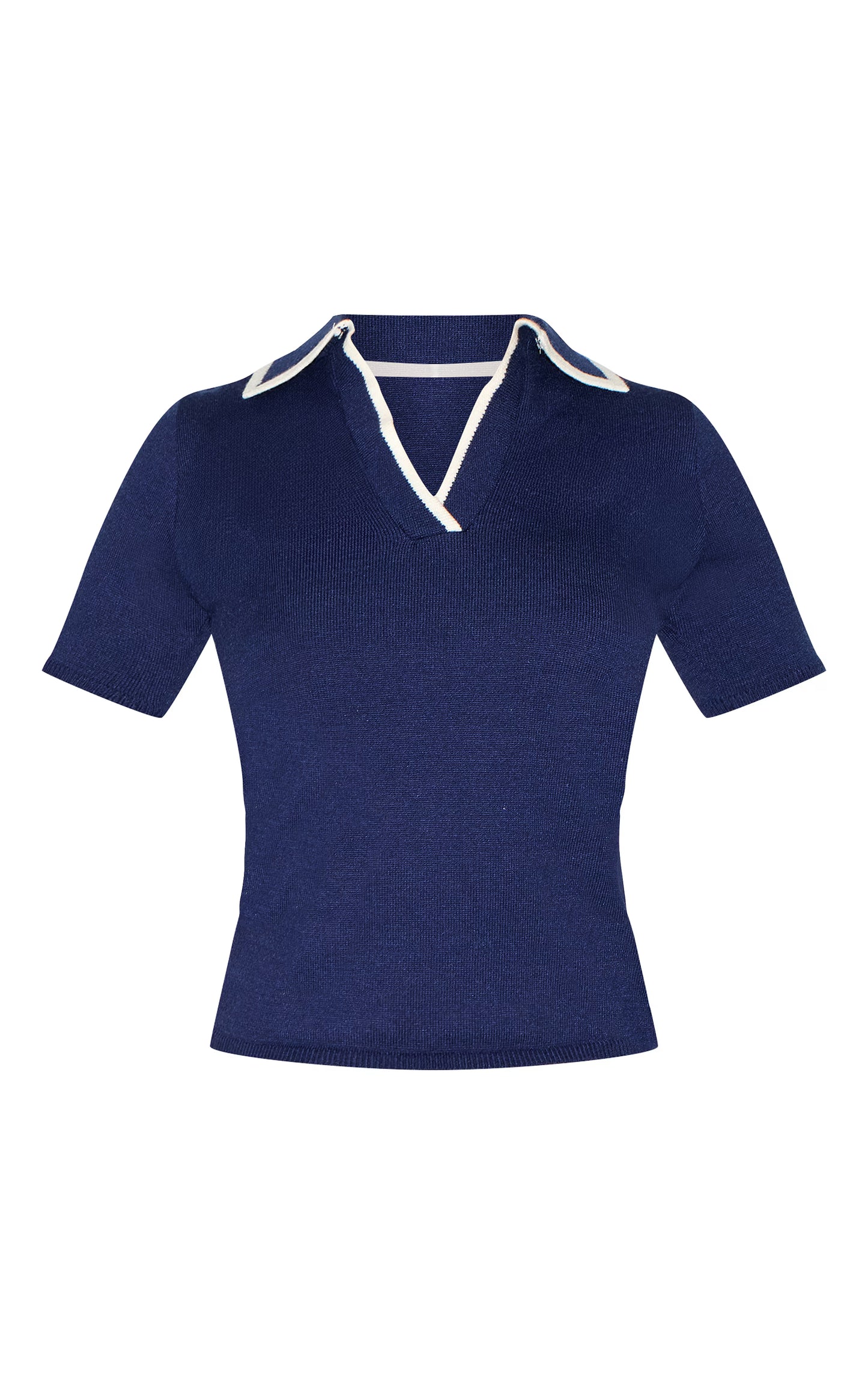 Navy Knitted Contrast Polo Collar Top