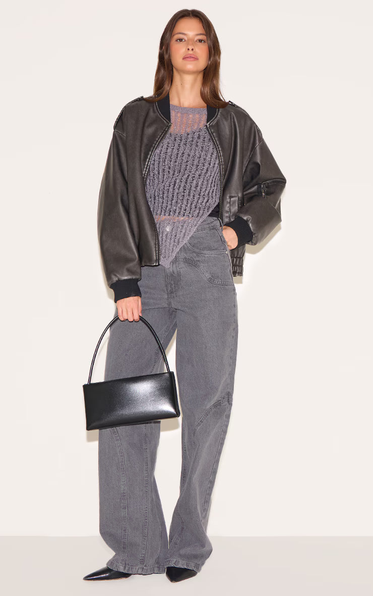Charcoal Ladder Knit Sheer Asymmetric Hem Top