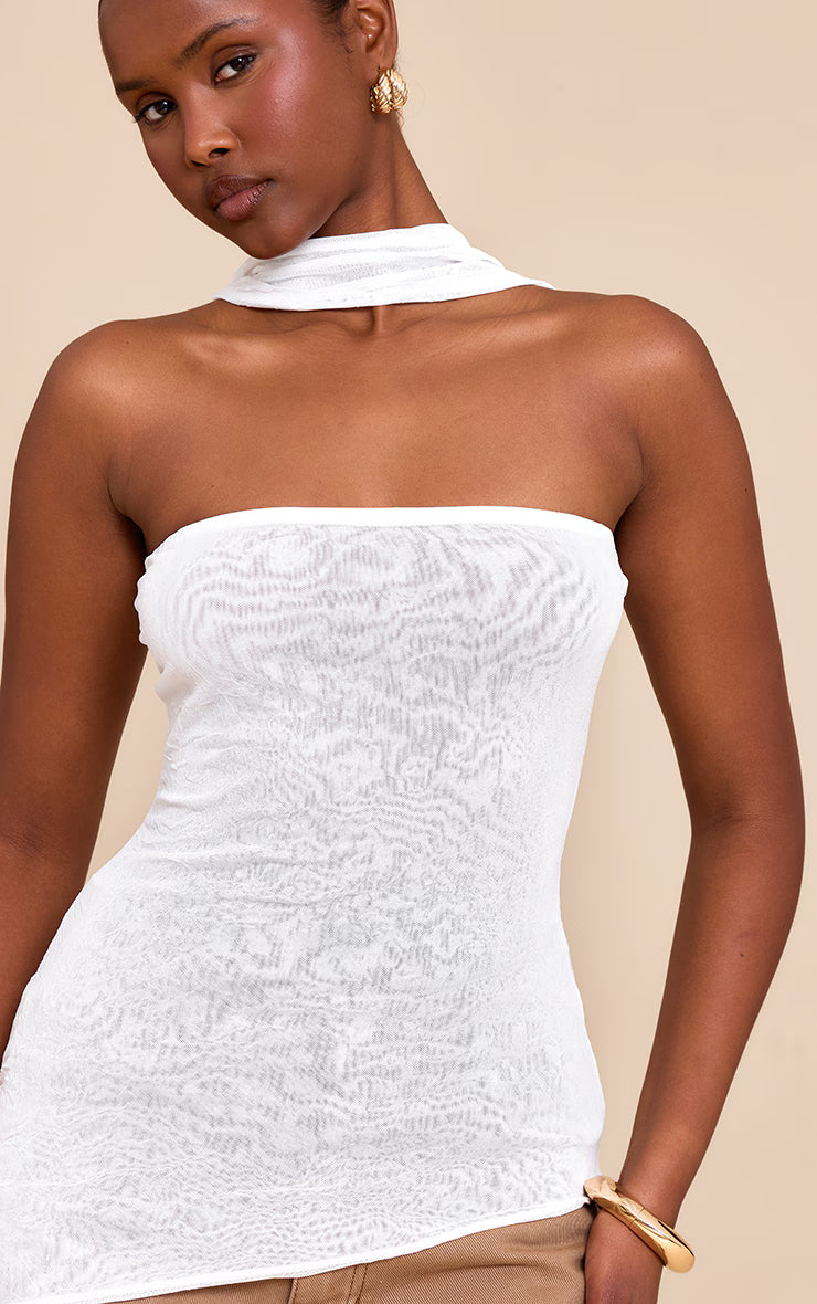 Cream Crinkle Mesh Scarf Detail Asymmetric Long Top