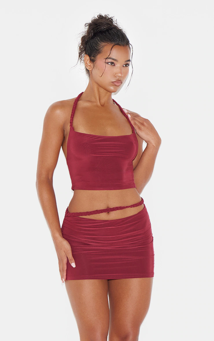 Burgundy Slinky Braided Front Micro Mini Skirt