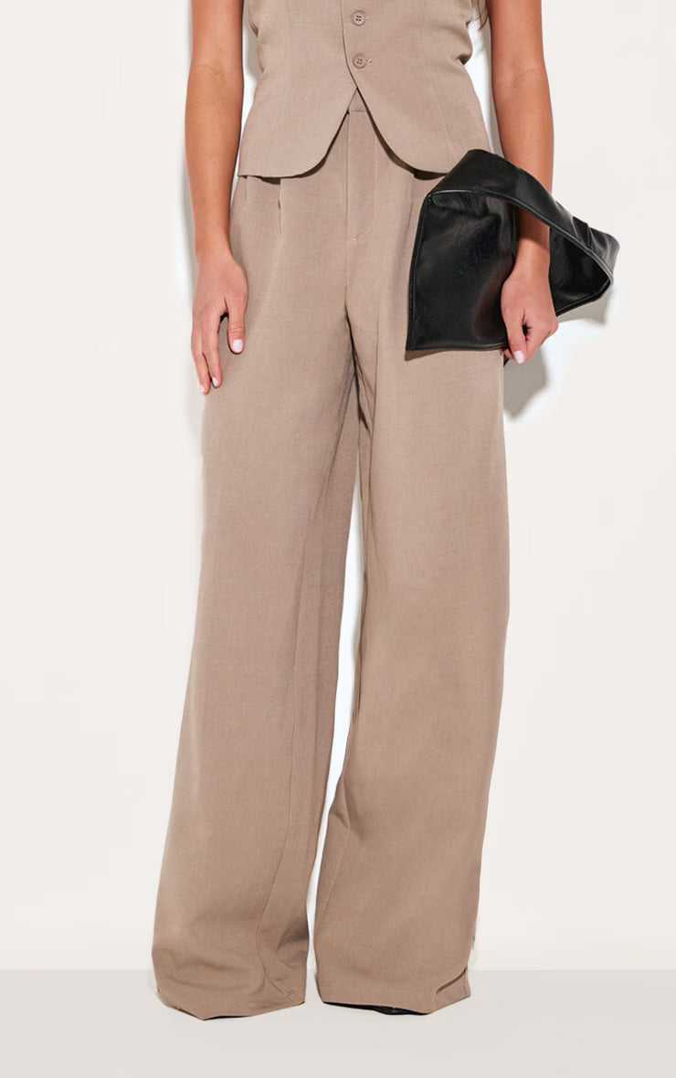 Taupe Tailored Tie Detail Woven Wide Leg Pants