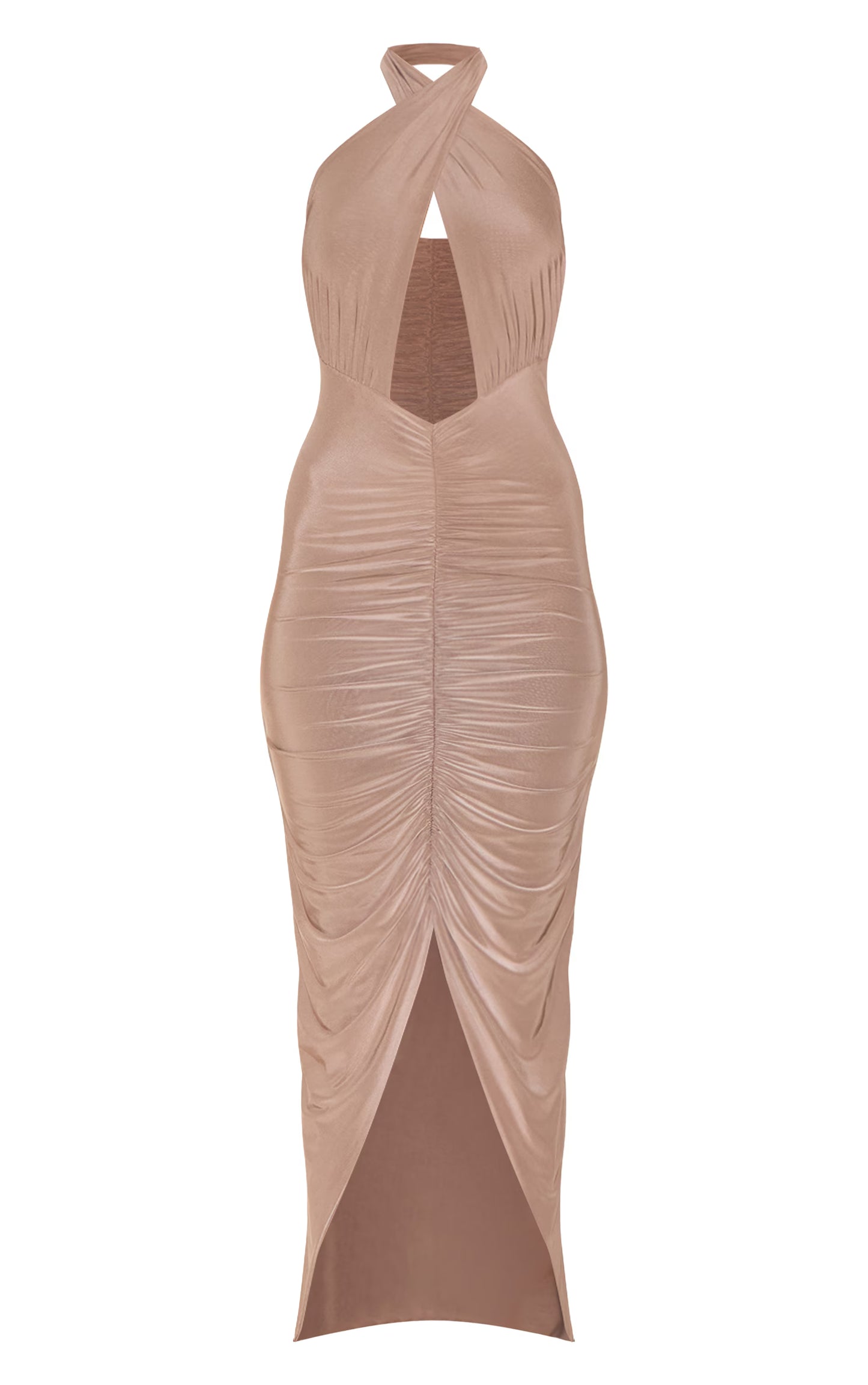 Mushroom Double Layered Cut Out Ruched Maxi Dress