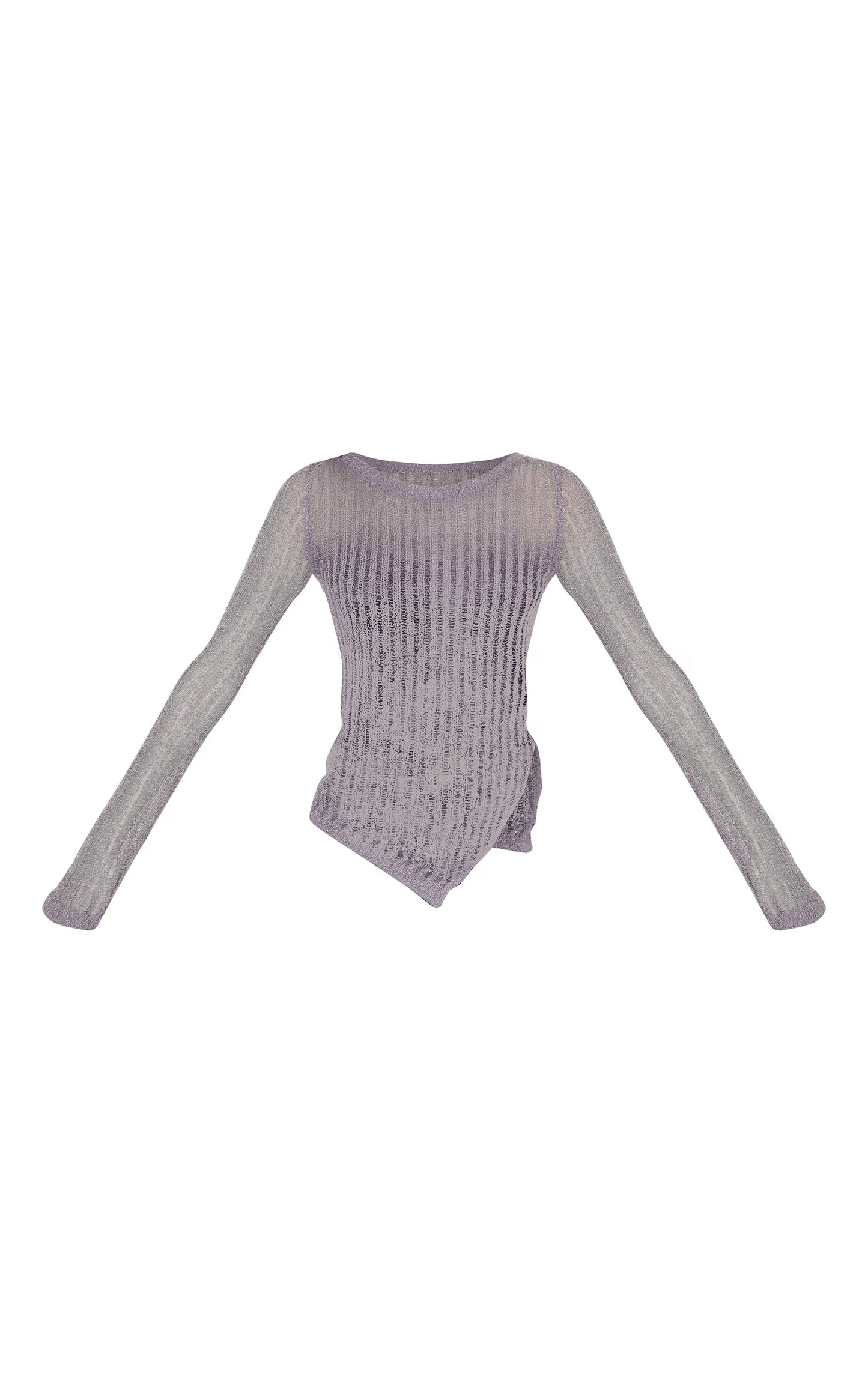 Charcoal Ladder Knit Sheer Asymmetric Hem Top