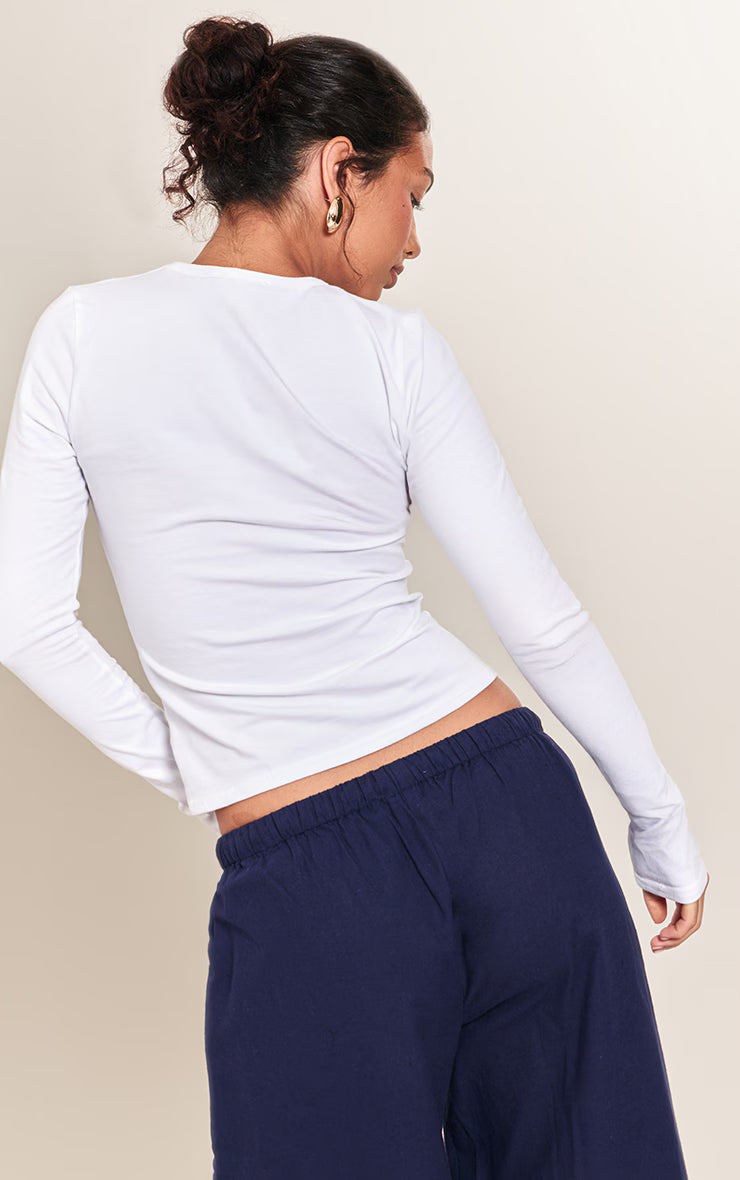 White Cotton Crew Neck Long Sleeve Top