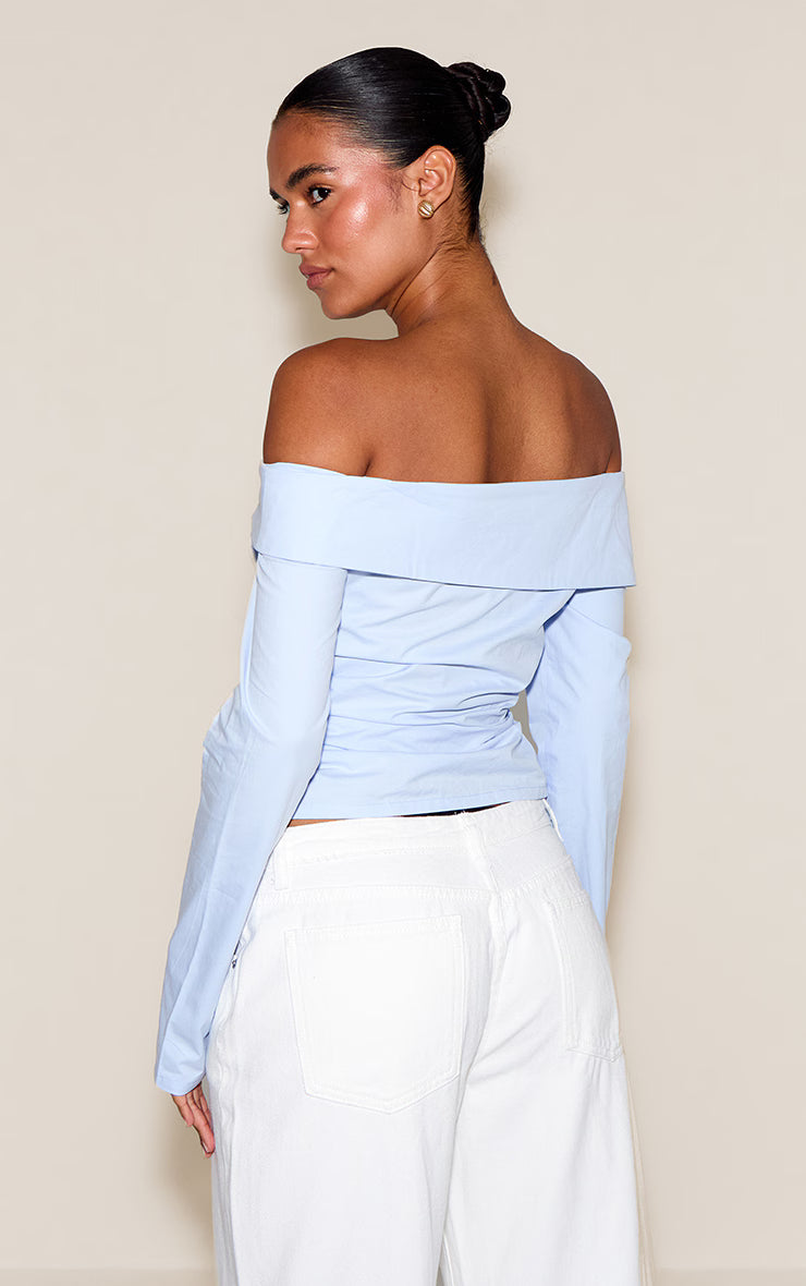 Sky Blue Cotton Ruched Asymmetric Hem Bardot Top