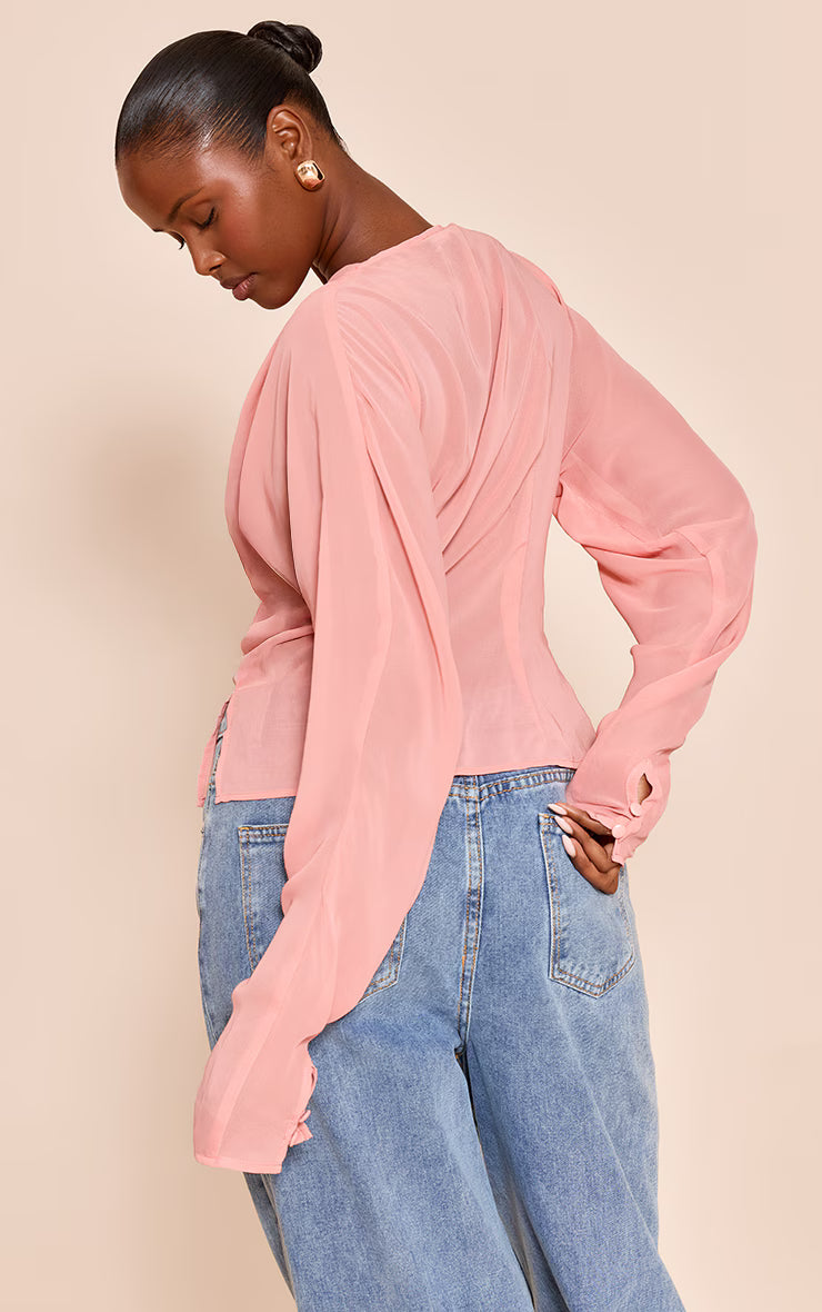 Peach Chiffon Cowl Neck Long Sleeve Blouse