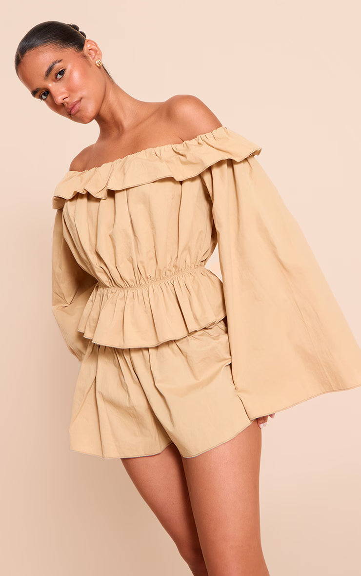 Stone Cotton Woven Frill Bardot Long Sleeve Long Top