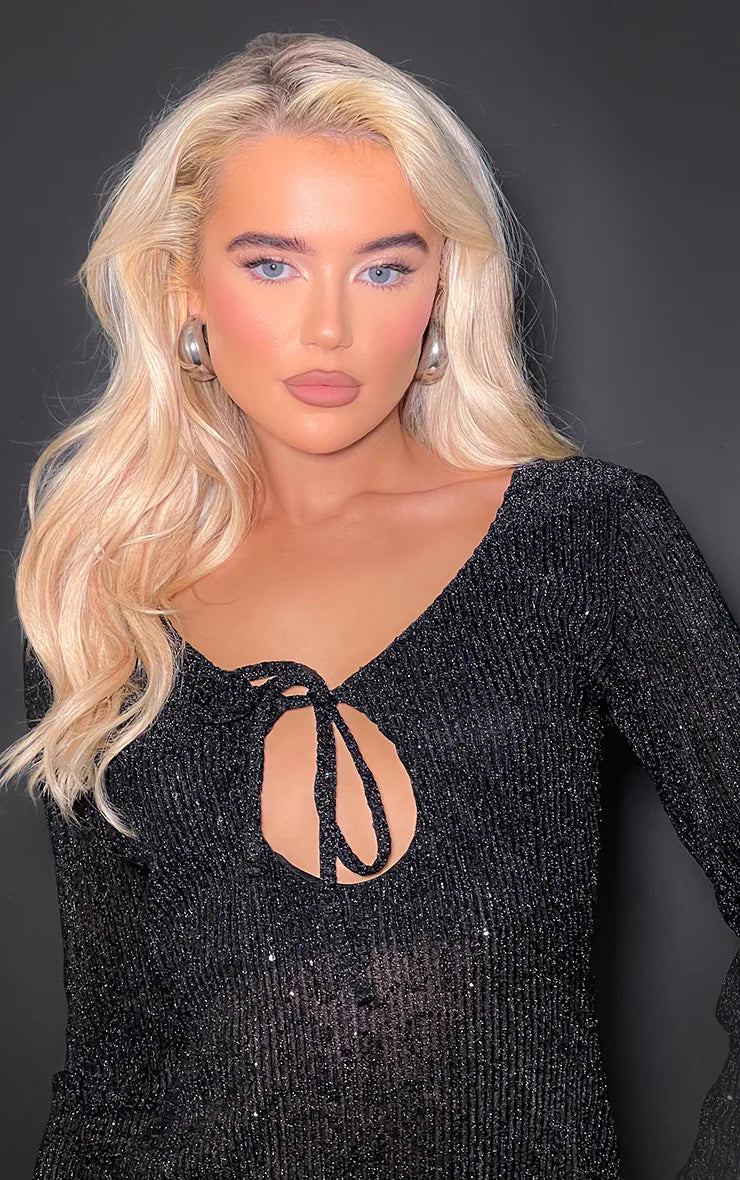 Black Sequin Plisse Long Sleeve Tie Detail Bodycon Dress