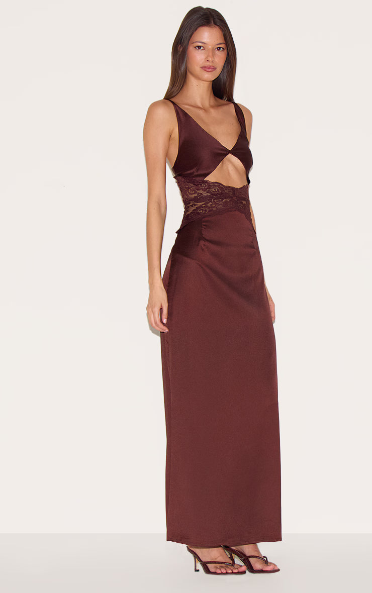 Chocolate Satin Lace Insert Maxi Dress