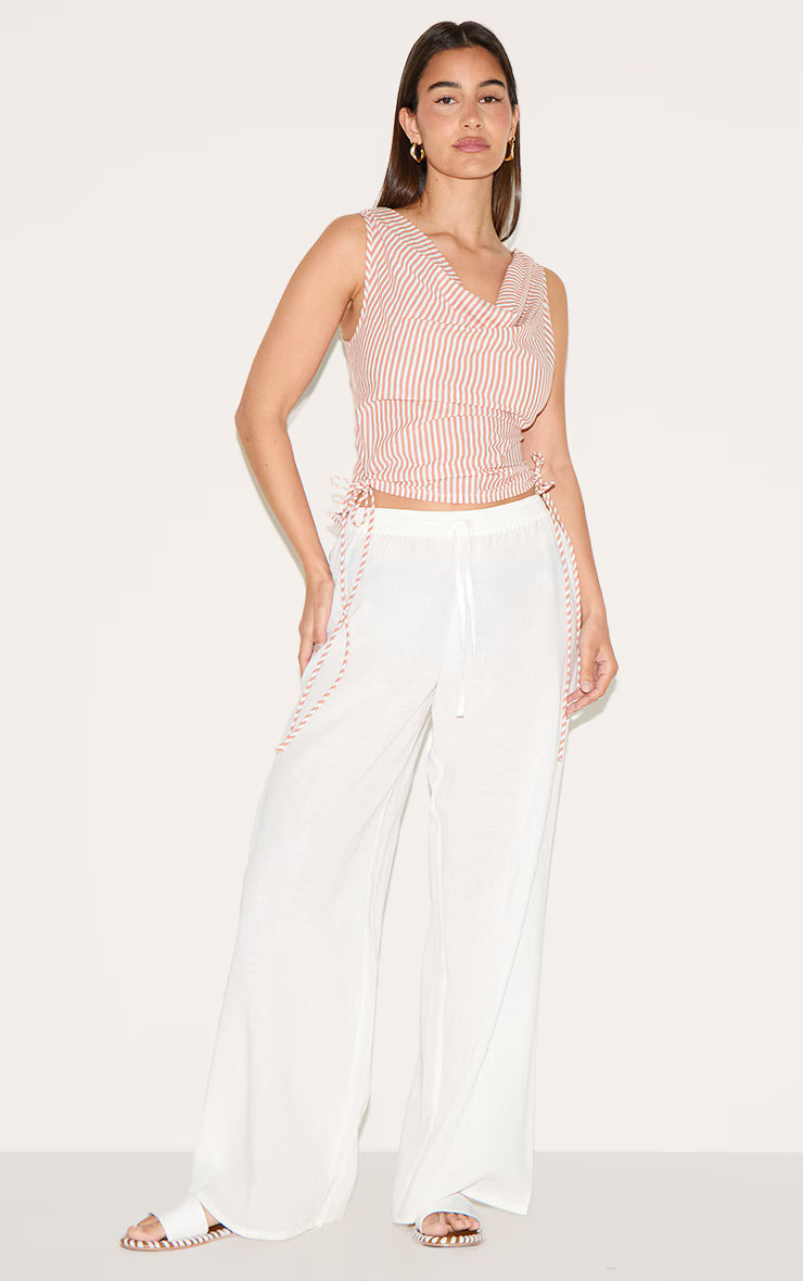 Red Striped Cowl Neck Tie Sides Long Top
