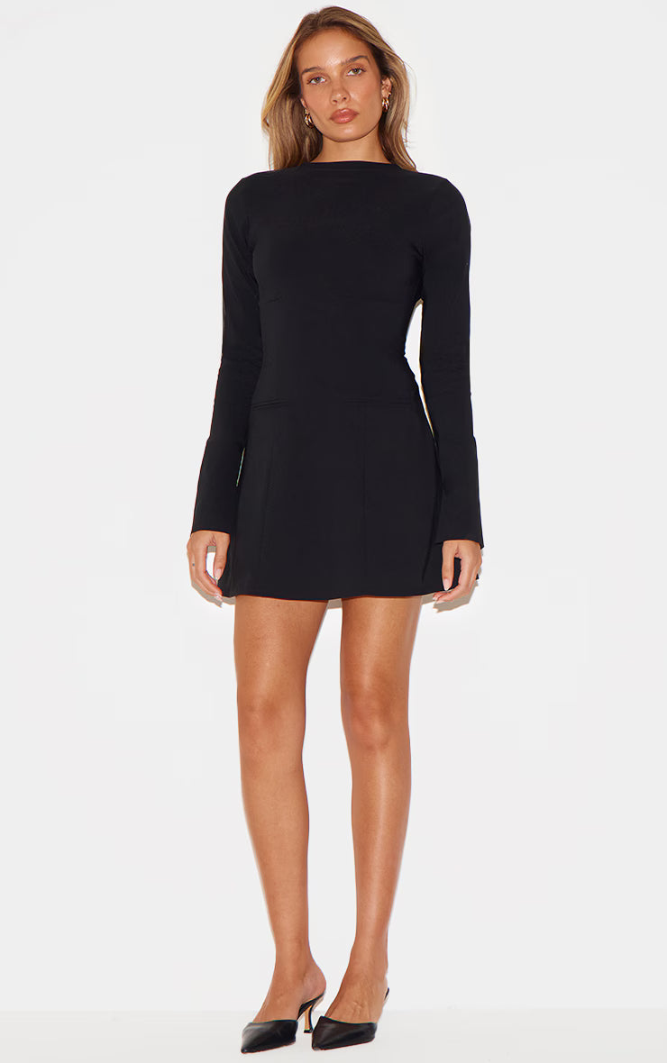 Black Stretch Woven Boat Neck Flare Sleeve Shift Dress