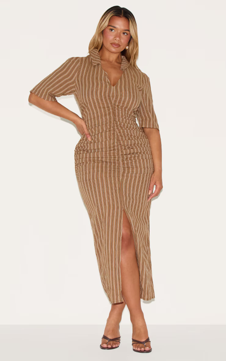 Shape Brown Striped Ruched Front Collared Split Front Maxi Dress