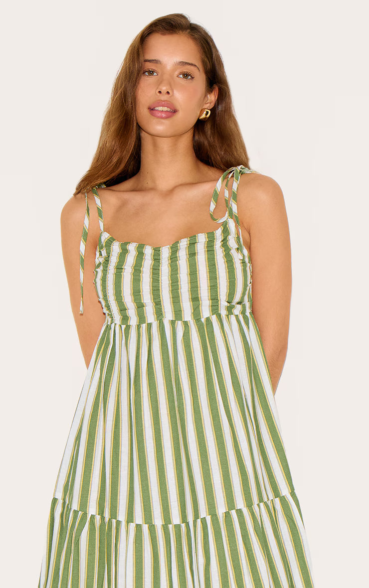 Green Striped Strappy Low Back Maxi Dress