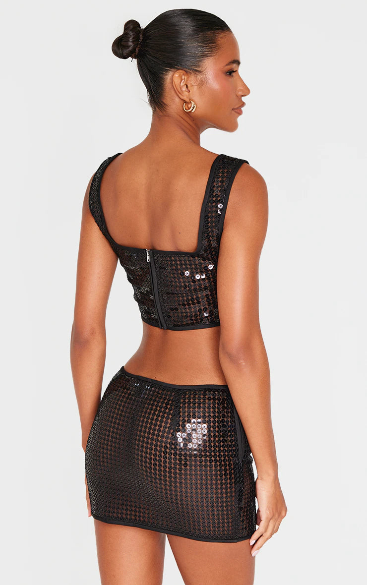 Black Chain Sequin Corset Top