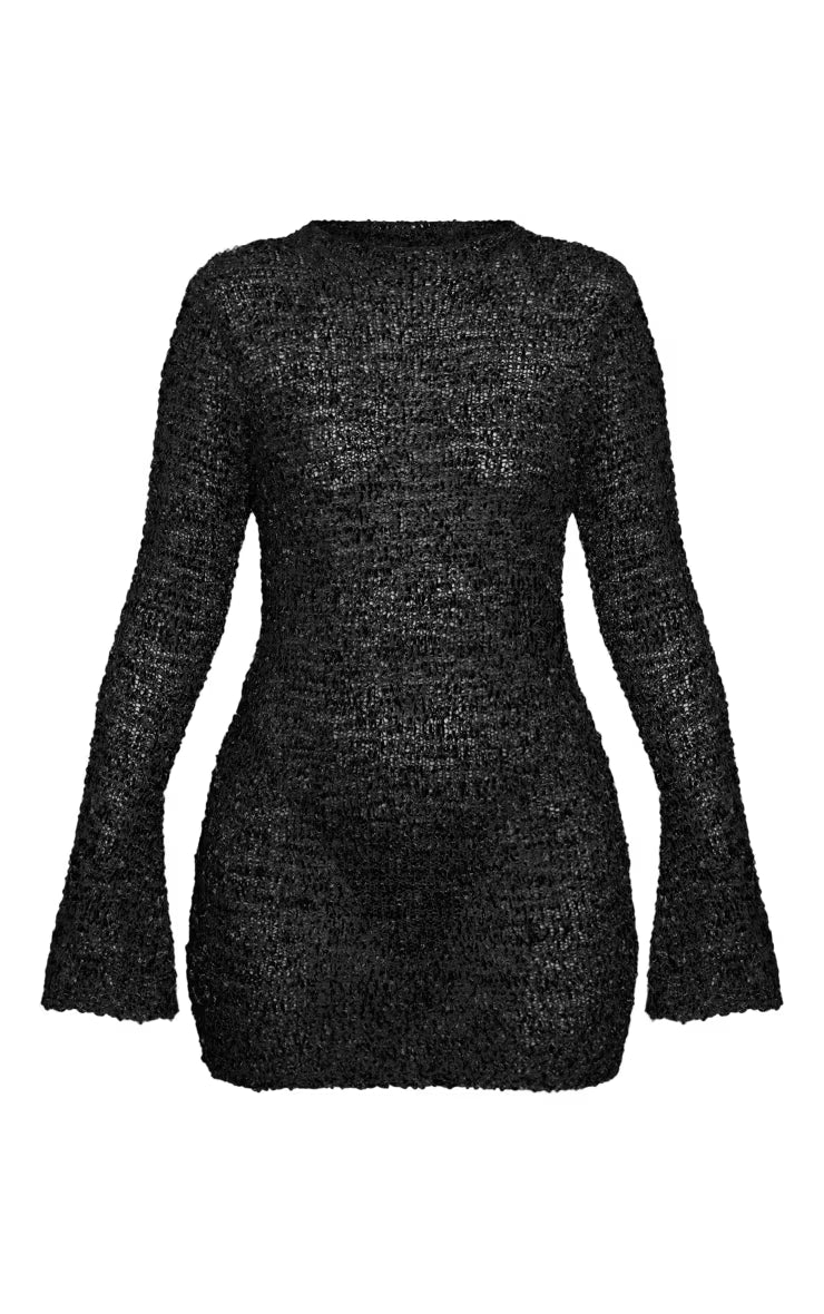Black Bobble Knit Long Sleeve Mini Dress