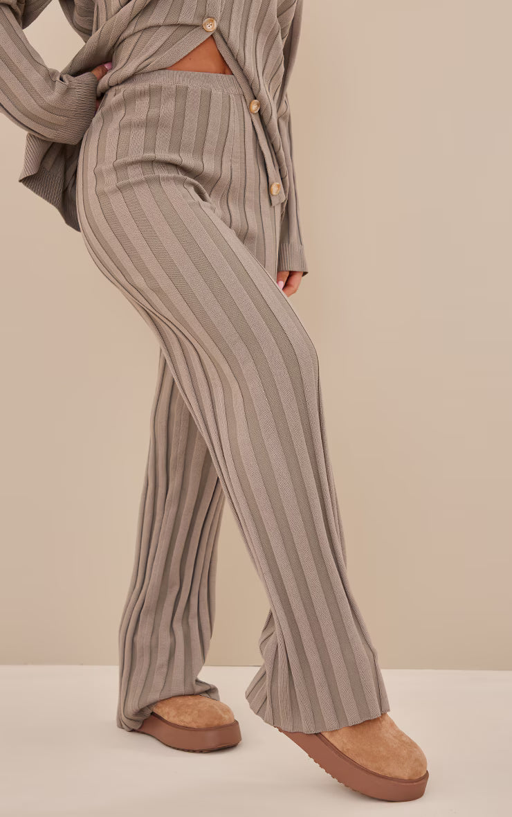 Khaki Wide Rib Knitted Pants