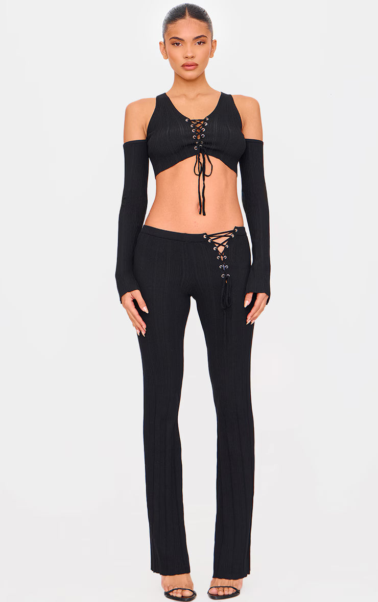 Black Textured Rib Knit Lace Up Cold Shoulder Top