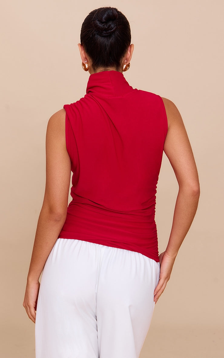 Red Soft Touch Ruched Side High Neck Top