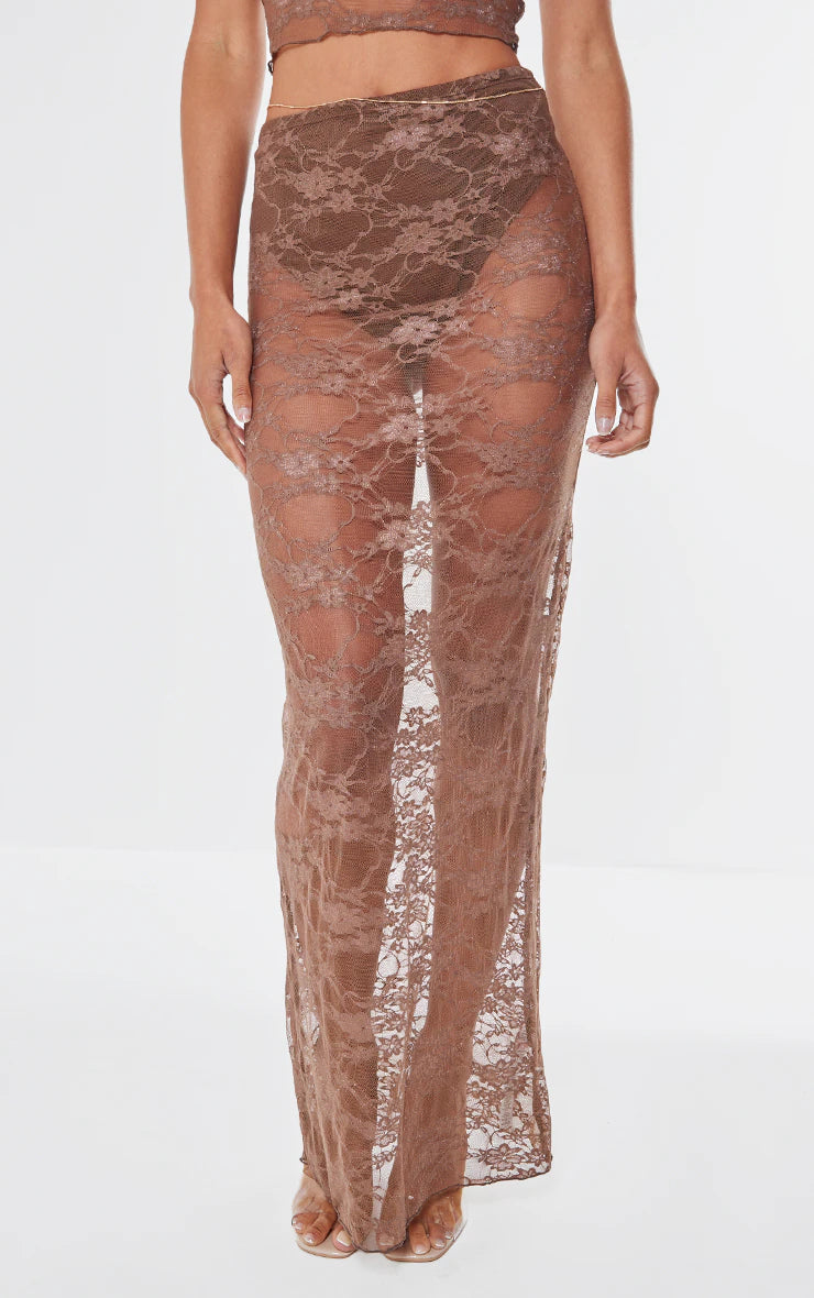 Brown Lace Sheer Maxi Skirt