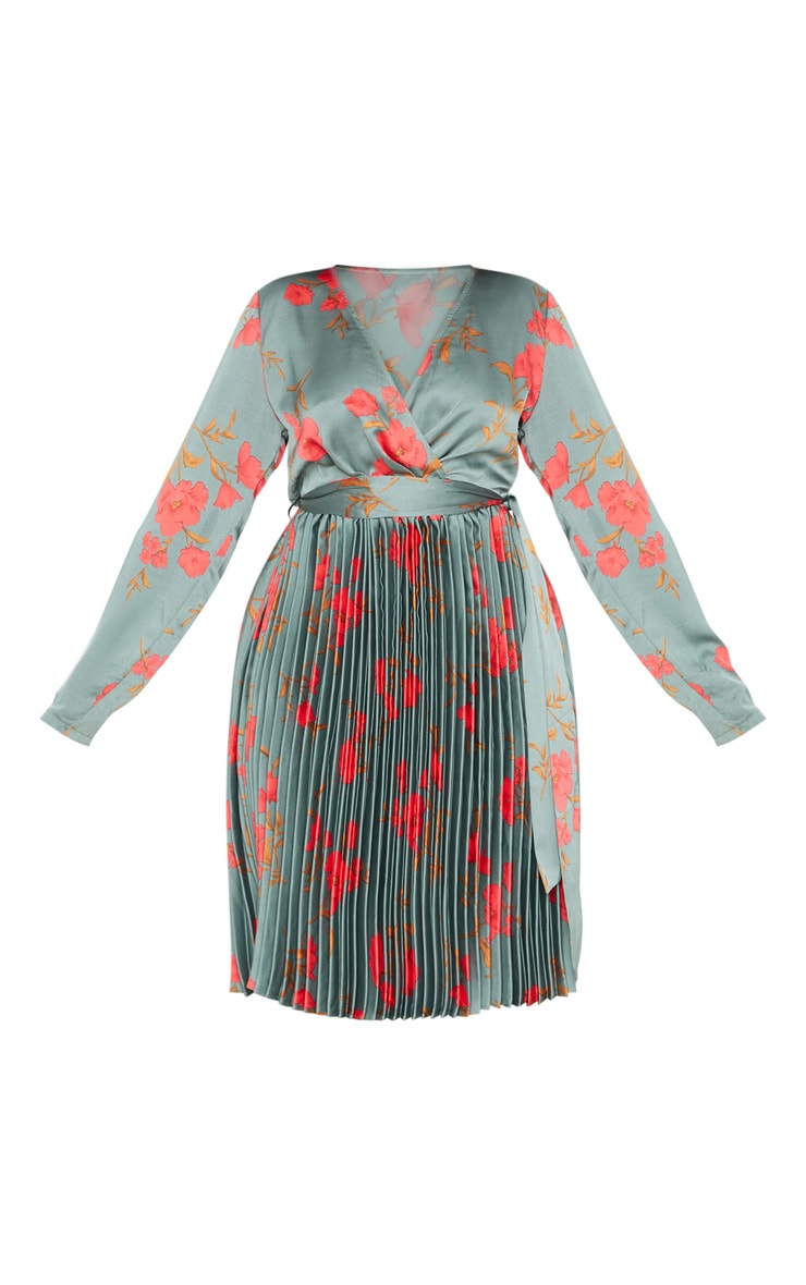 Plus Emerald Green Floral Print Long Sleeve Pleated Midi Dress