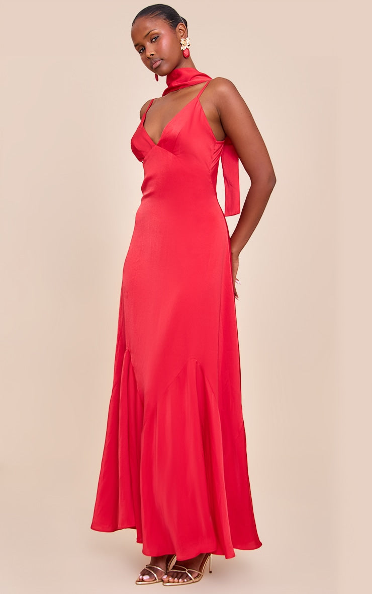 Red Satin V Neck Maxi Dress