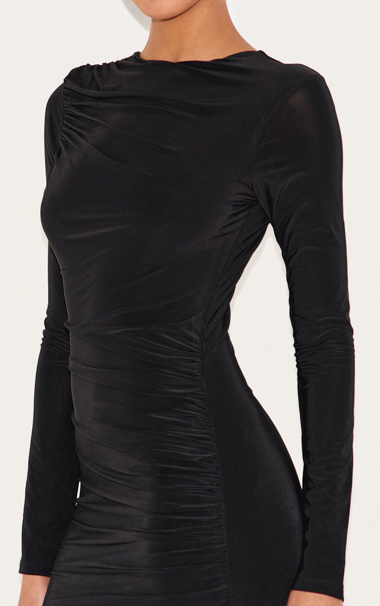 Black Double Layer Slinky Ruched Long Sleeve Mini Dress