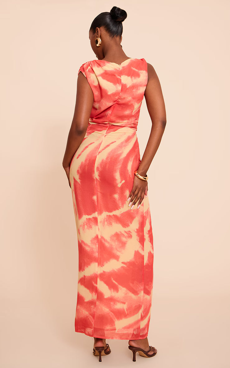 Pink Abstract Printed Chiffon Ruched Maxi Dress