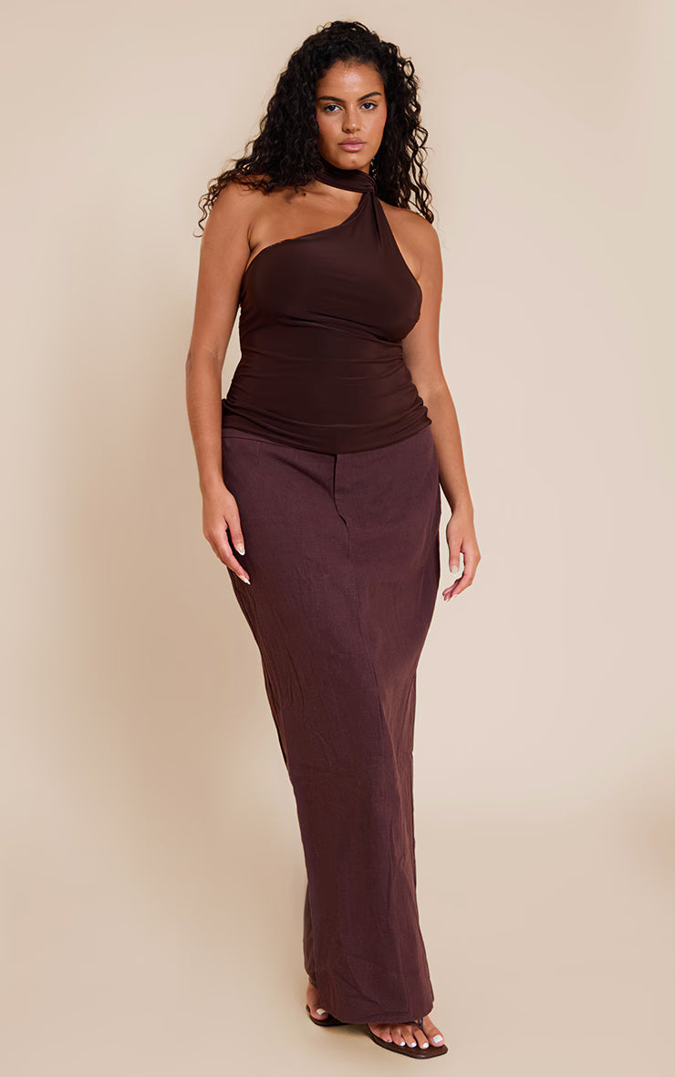 Plus Deep Chocolate Double Layer Scarf Detail Long Top