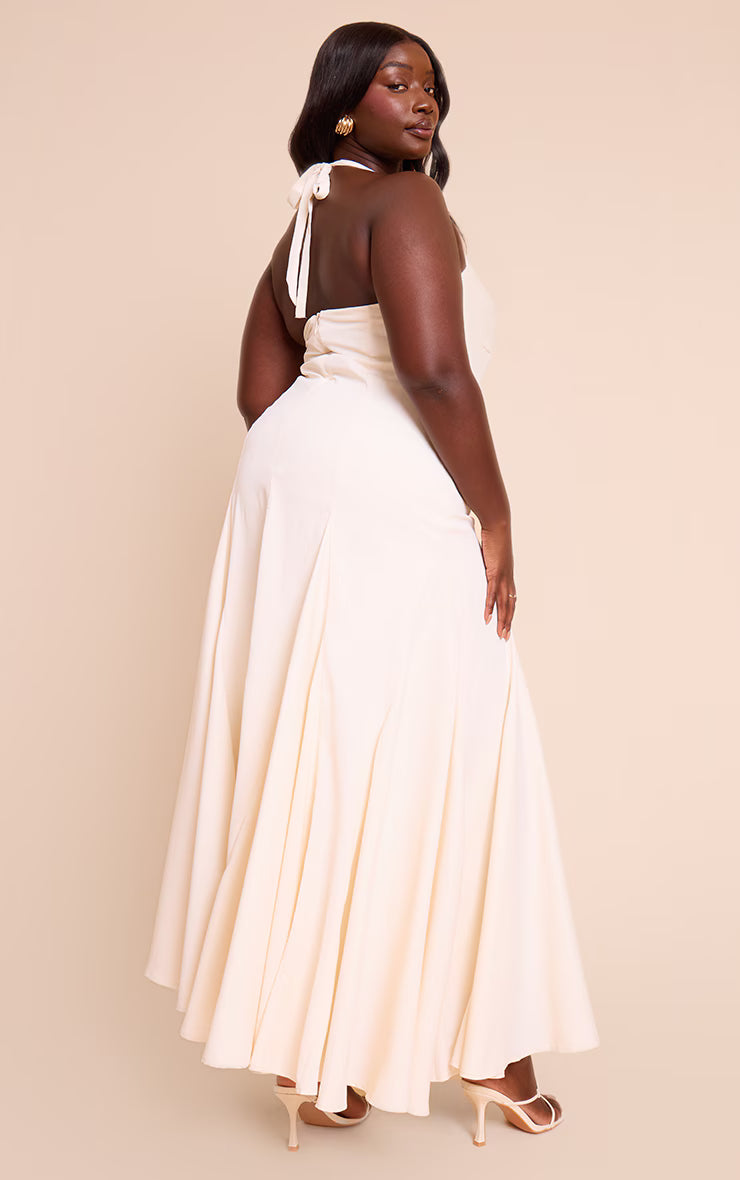 Plus Cream Woven Halterneck Ruched Bust Detail Maxi Dress