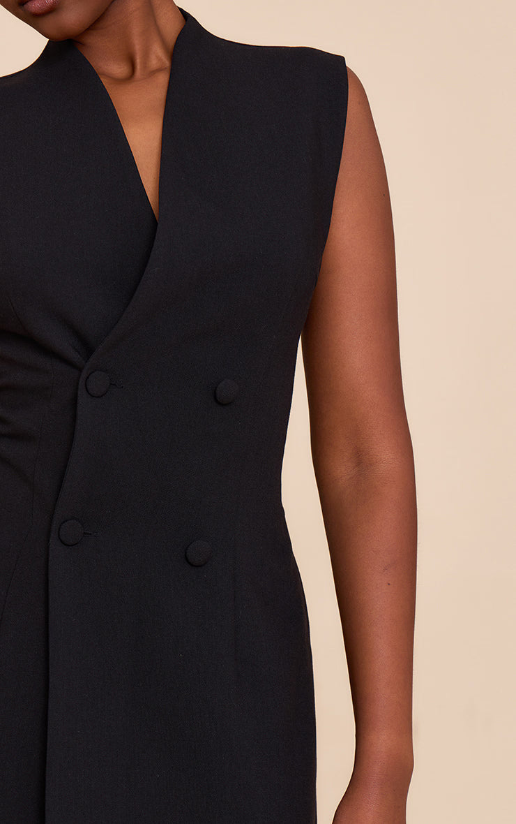 Black Woven Collarless Button Mini Dress