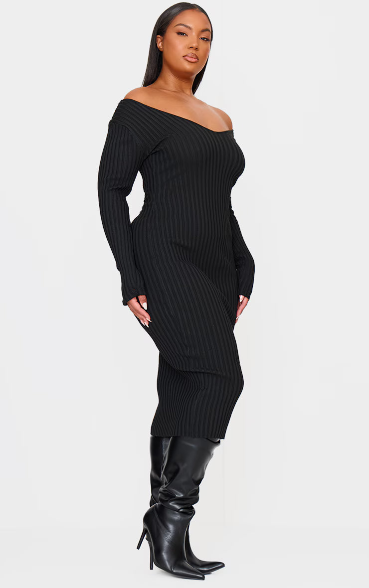 Plus Black Off Shoulder Rib Knitted Midaxi Dress