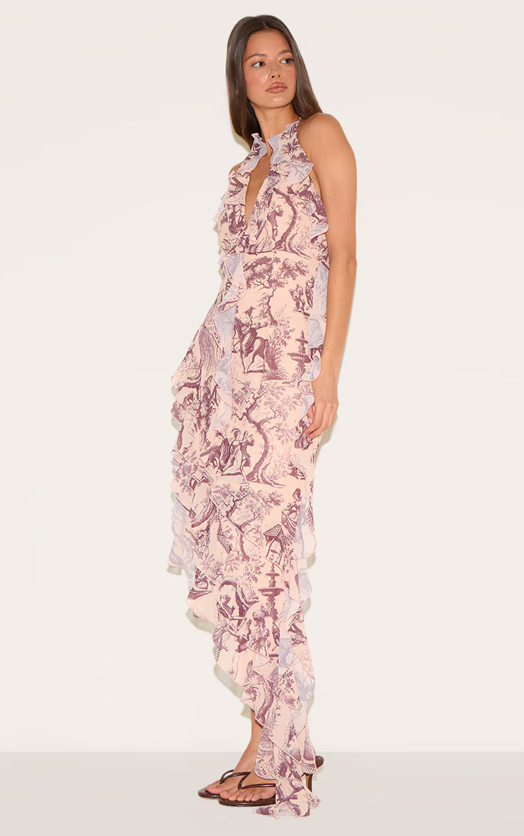 Stone Chiffon Print Frill Detail Plunge Midaxi Dress