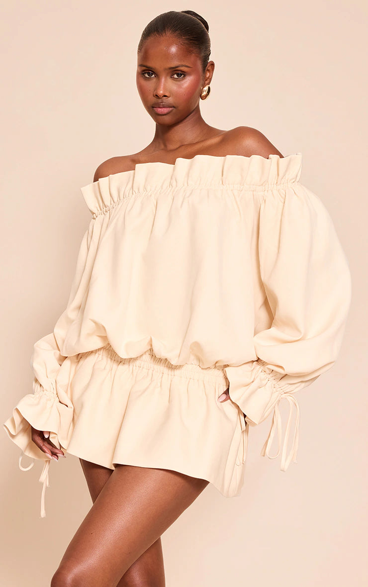 Cream Woven Tie Detail Bandeau Long Sleeve Mini Dress
