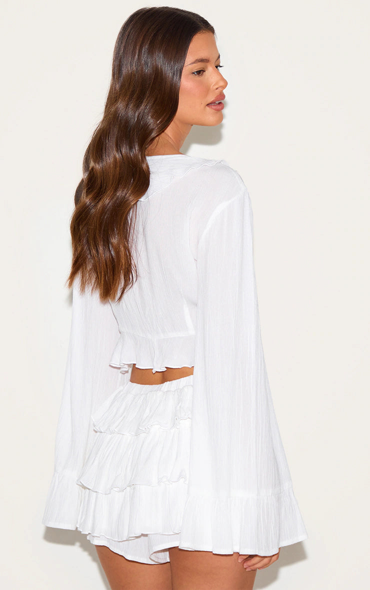 White Cheesecloth Ruffle Tie Front Long Sleeve Top