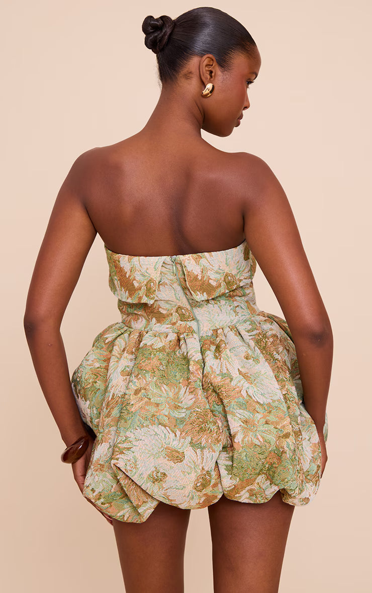 Sage Floral Tapestry Bandeau Extreme Puffball Dress