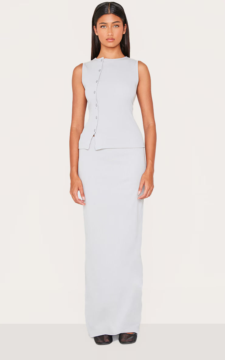 Grey Ribbed Asymmetric Button Up Vest Top