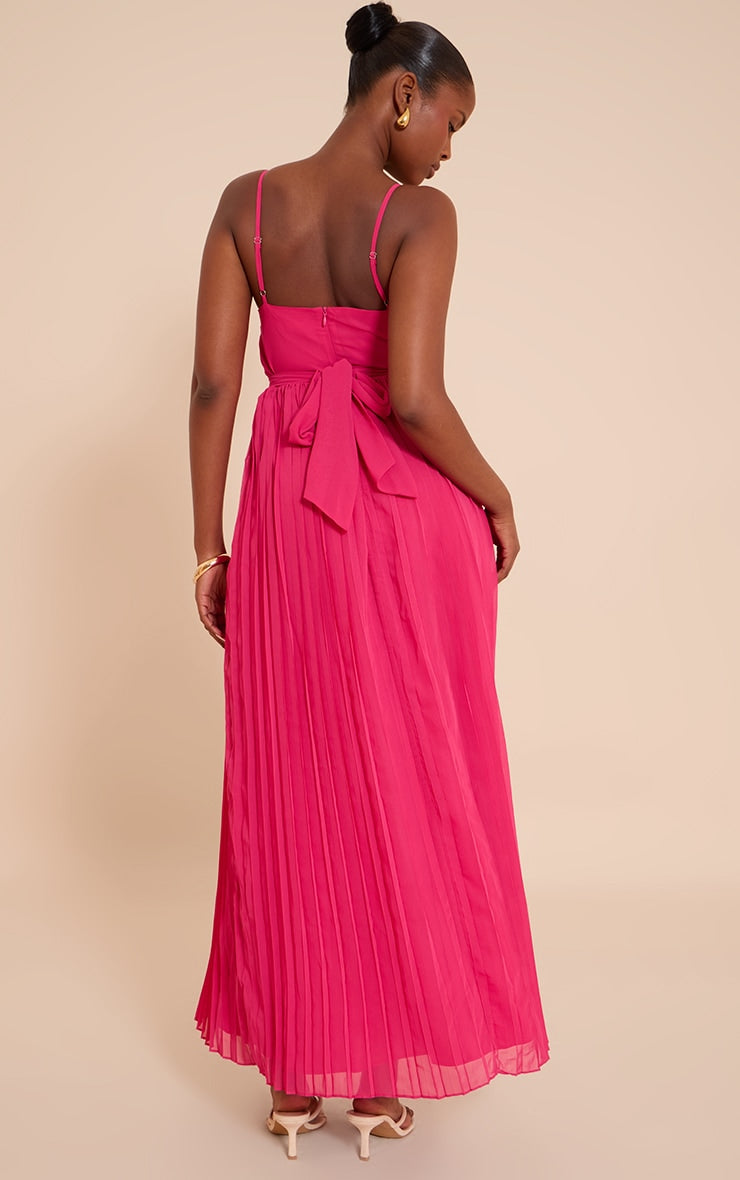 Fuschia Chiffon Strappy Pleated Belt Detail Maxi Dress