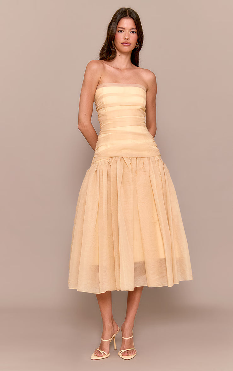 Yellow Organza Ruched Bodice Midi Dress