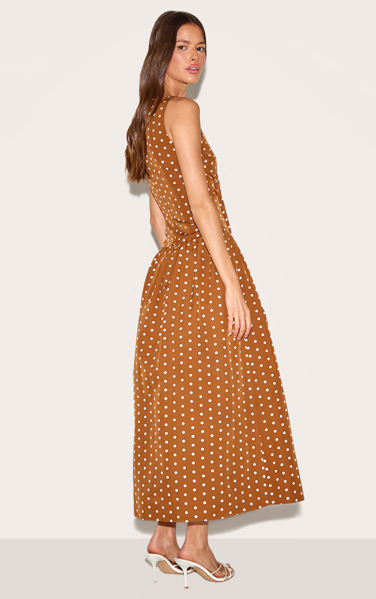 Brown Polka Dot Dropped Waist Midaxi Dress