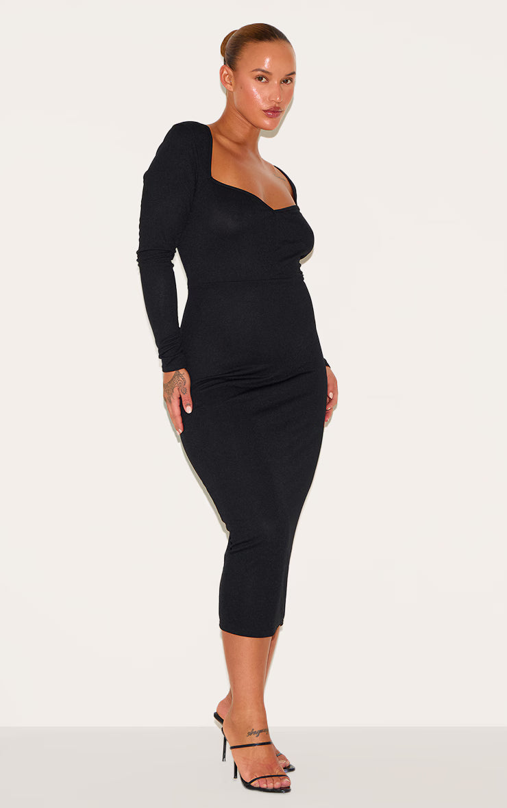 Plus Black Sweetheart Neck Long Sleeve Midi Dress