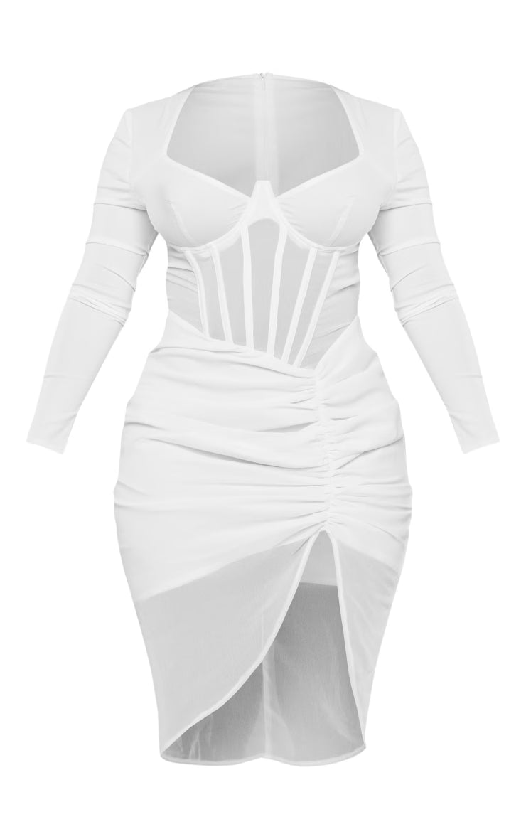 Shape Cream Corset Detail Long Sleeve Ruched Midi Dress