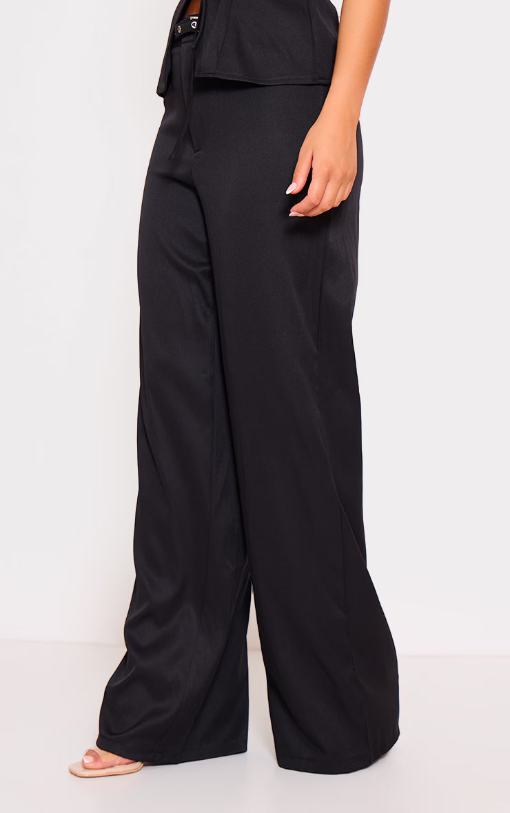 Black Woven Tailored Belt Detail Wide Leg Pants