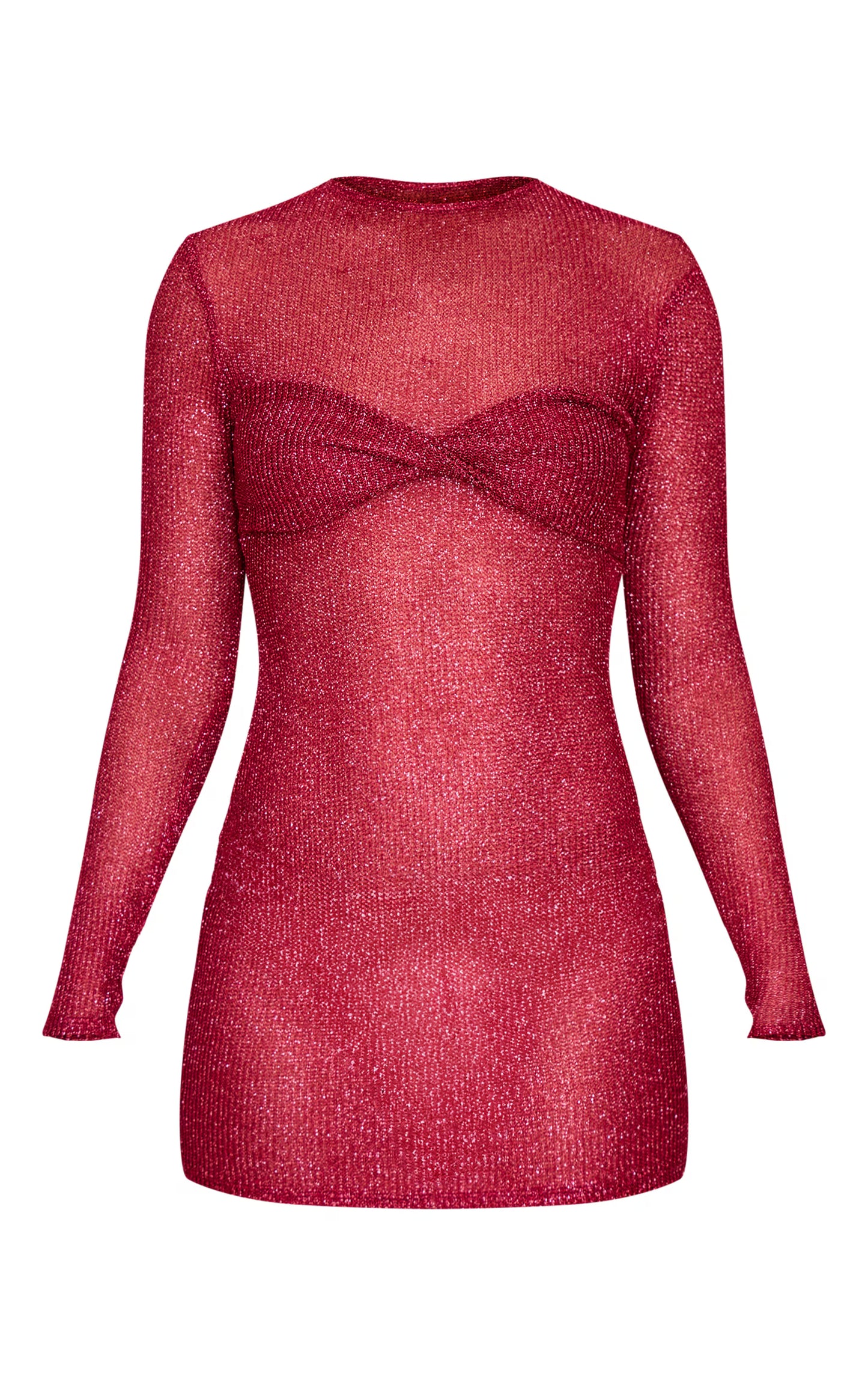 Cherry Red Metallic Ribbed Twist Bust Long Sleeve Mini Dress