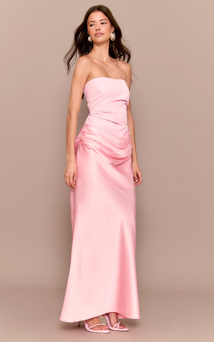 Pale Rose Bandeau Satin Drape Detail Midaxi Dress