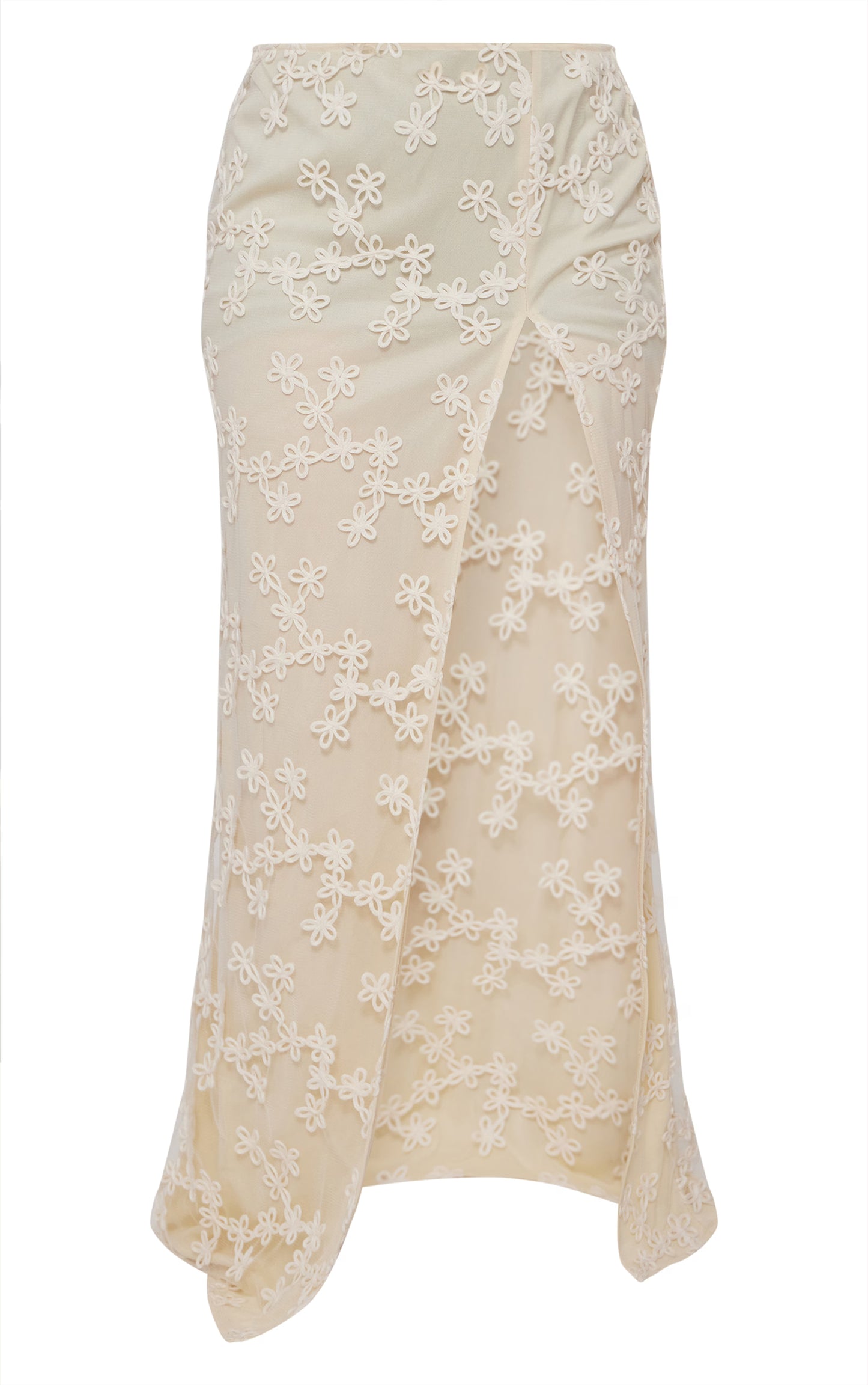 Cream Floral Textured Thigh High Split Maxi Skirt