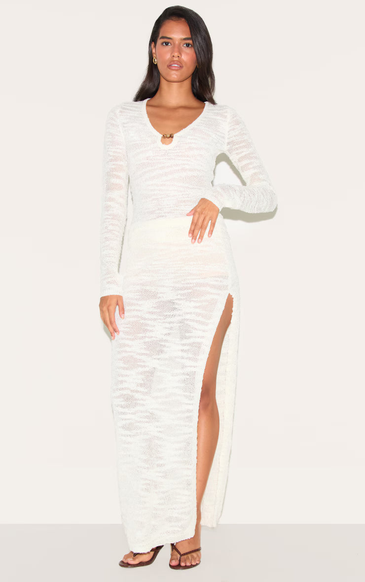 Ecru Sheer Bobble Crochet Long Sleeve Beaded Keyhole Cut Out Top